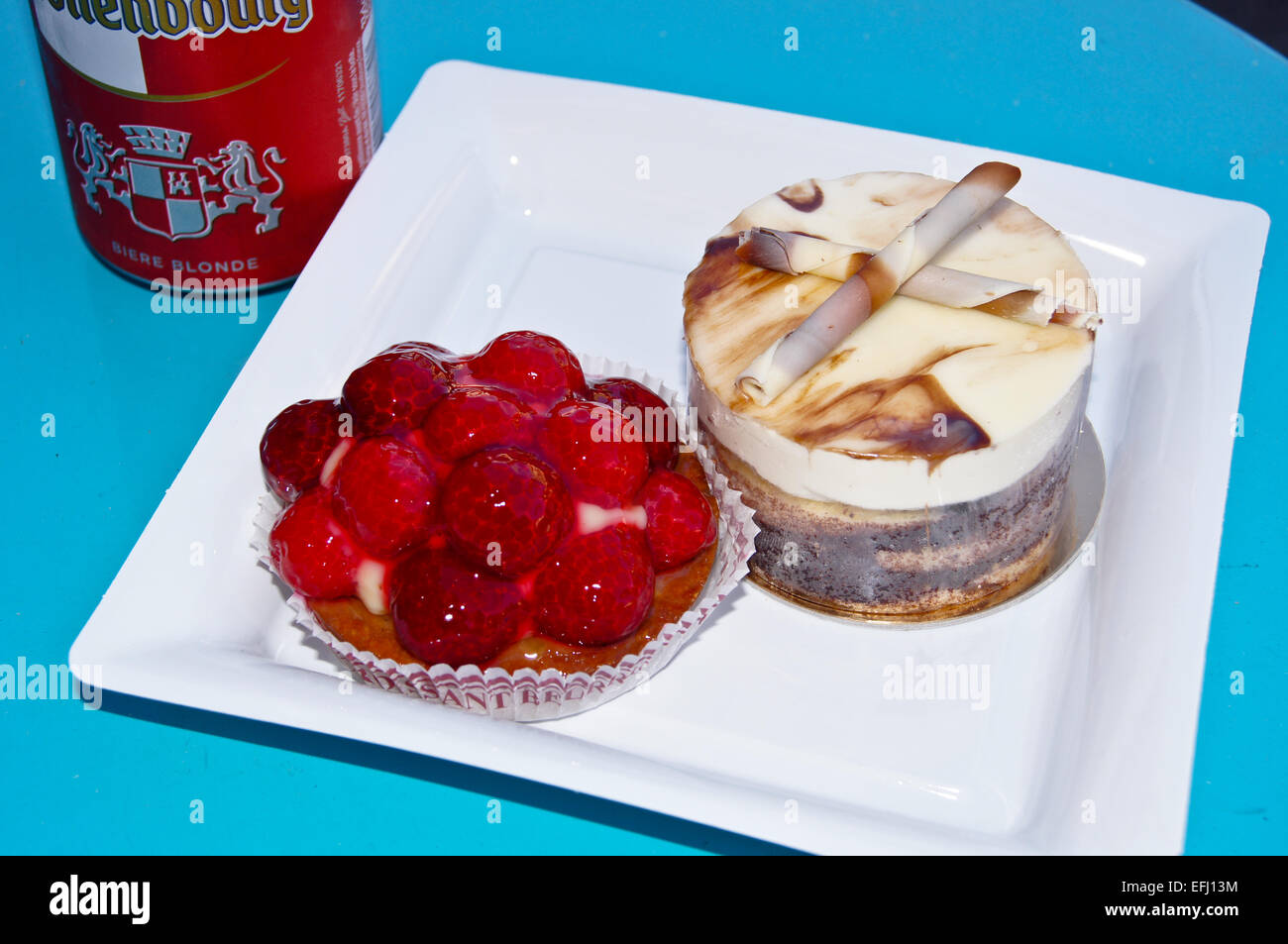 Strawberry tart, chocolate mousse cake and a can of kronenbourg lager, Toulouse, HauteGaronne
