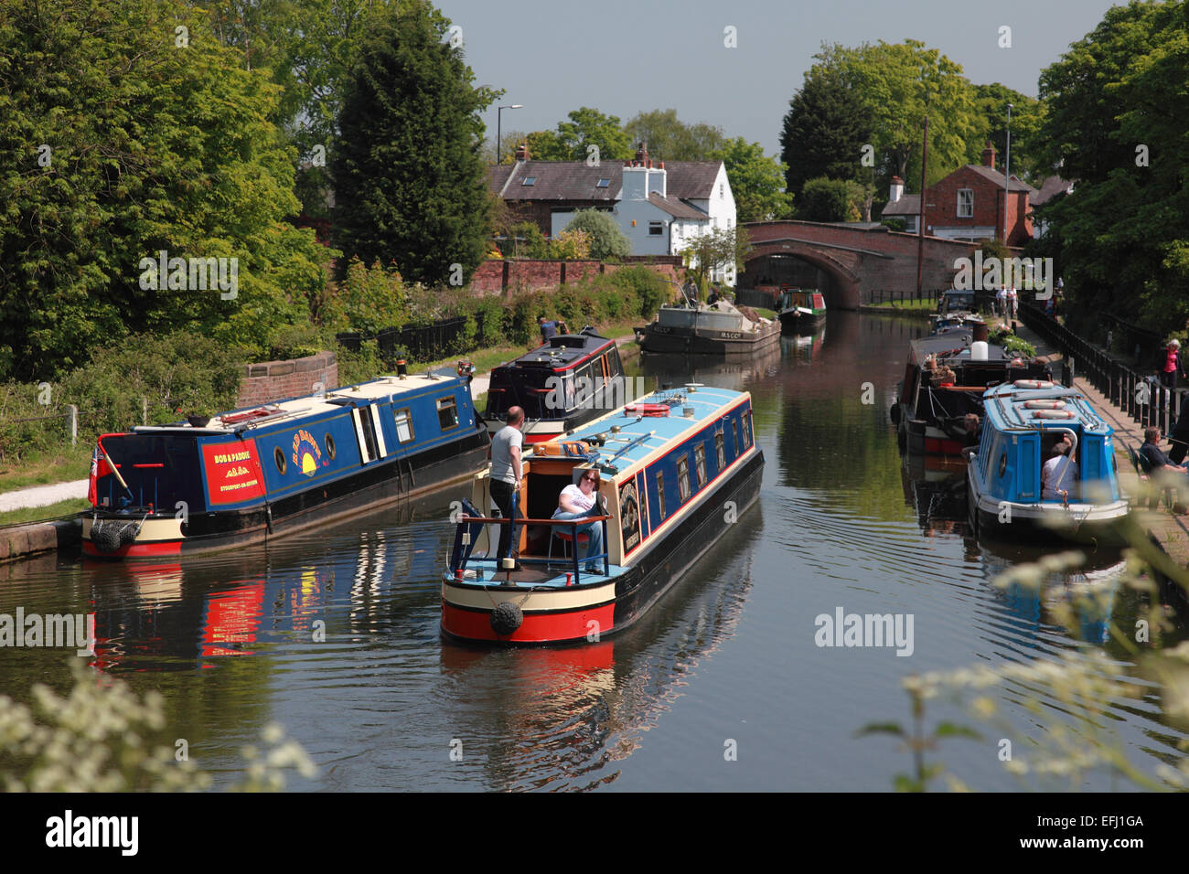 Narrowboats on the Bridgewater Canal looking towards Lymm Bridge at ...