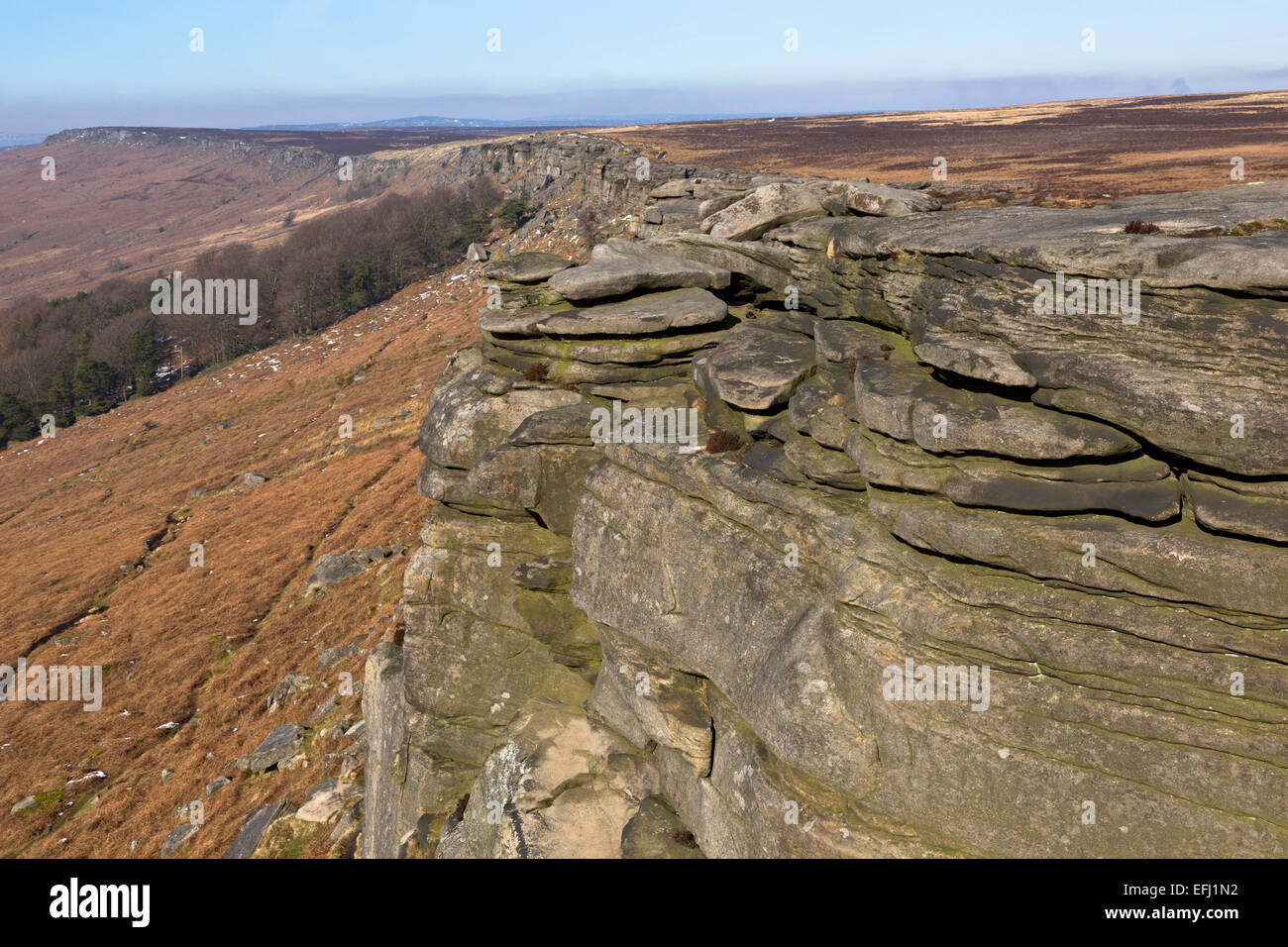 View along Stanage Edge in Derbyshire on a clear winters day Stock Photo