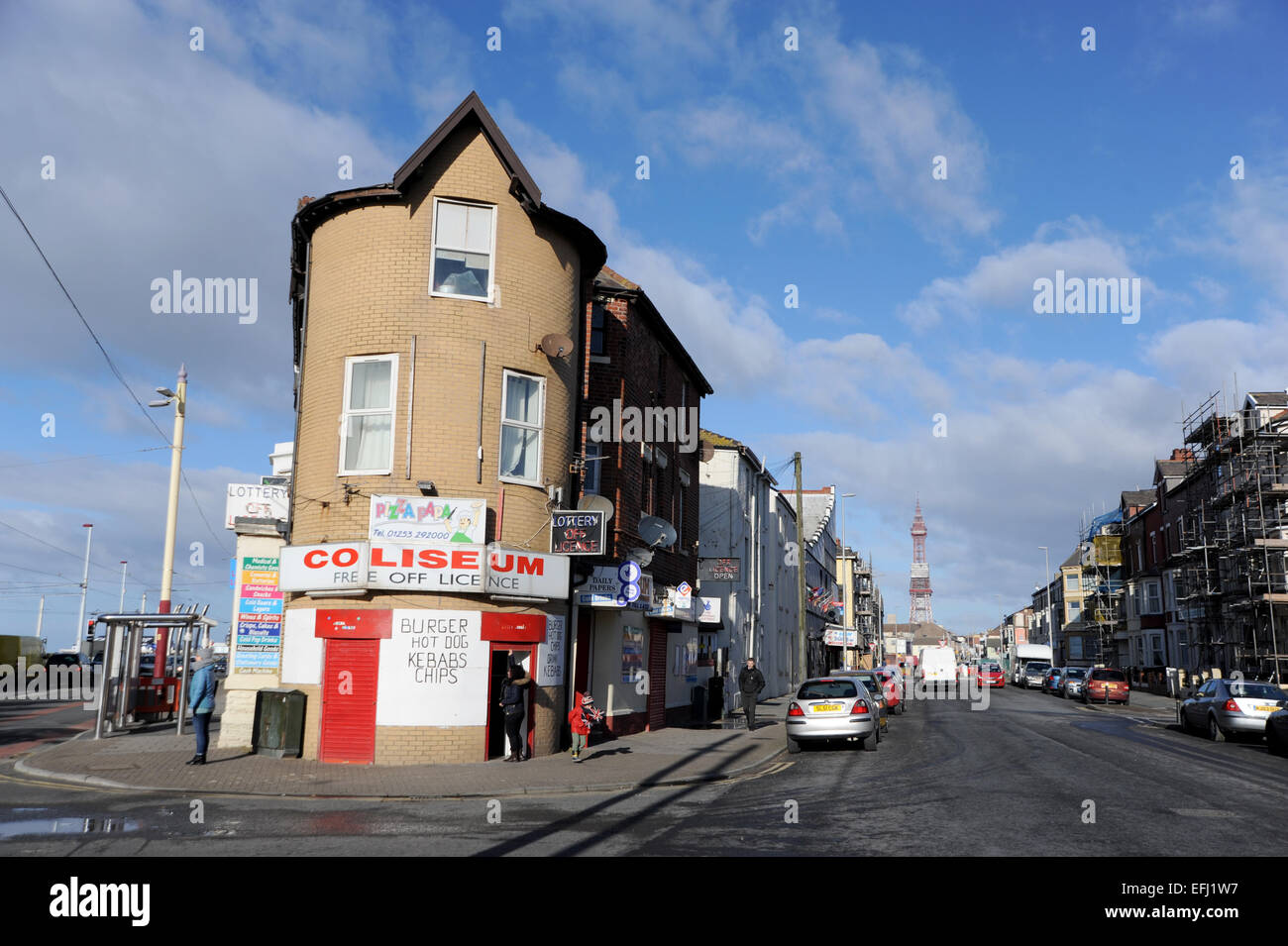 Blackpool Lancashire UK - The Coliseum Cornershop and off licence with Blackpool Tower behind Stock Photo