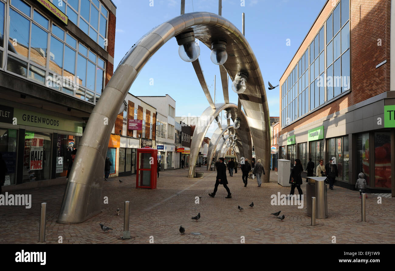 Blackpool Lancashire UK - Shopping centre with public art archways made in steel Stock Photo