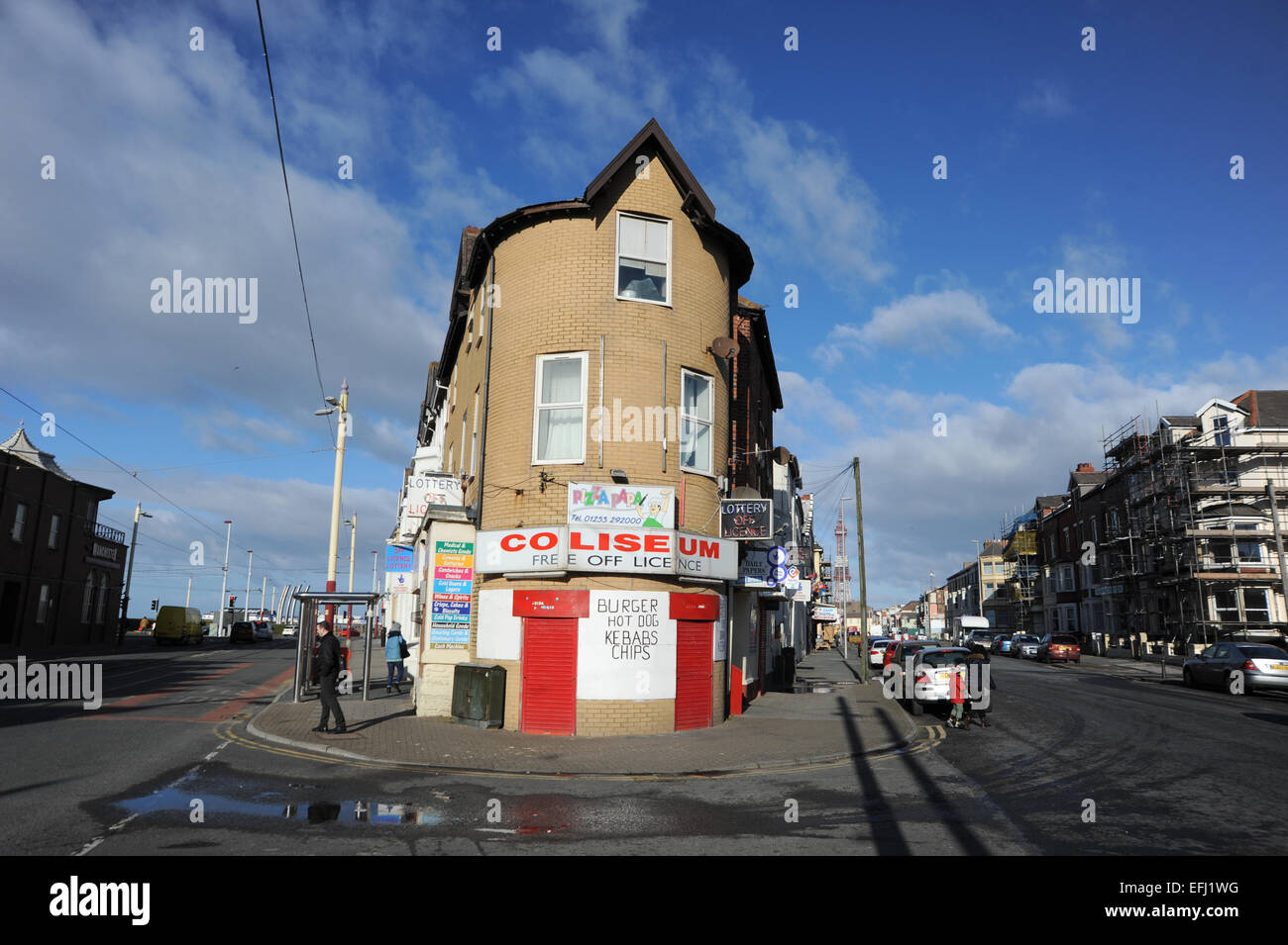 Blackpool Lancashire UK - The Coliseum Cornershop and off licence with Blackpool Tower behind Stock Photo