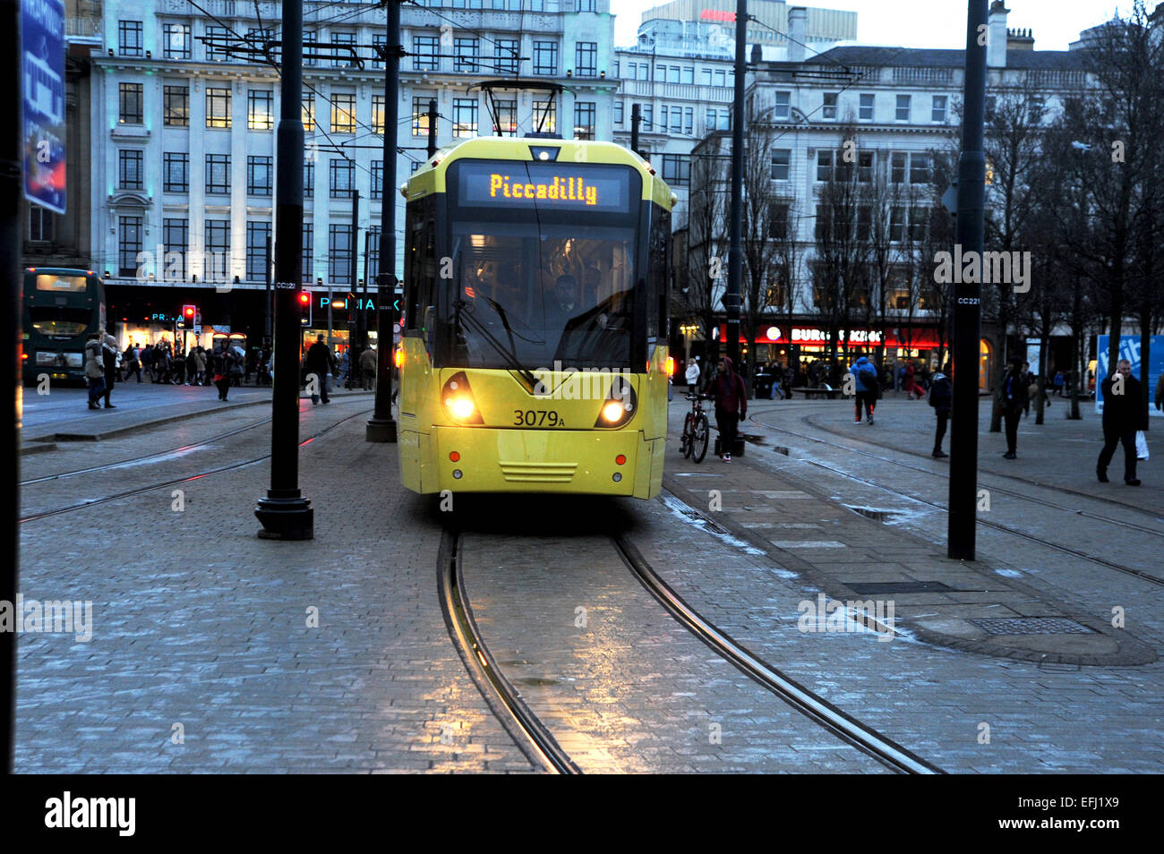 Manchester Lancashire UK - City centre tram system in Piccadilly Gardens Stock Photo