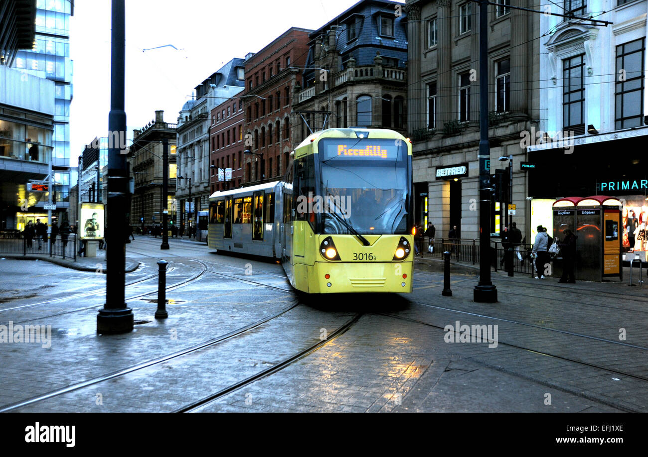 Manchester Lancashire UK - City centre tram system in Piccadilly Gardens Stock Photo