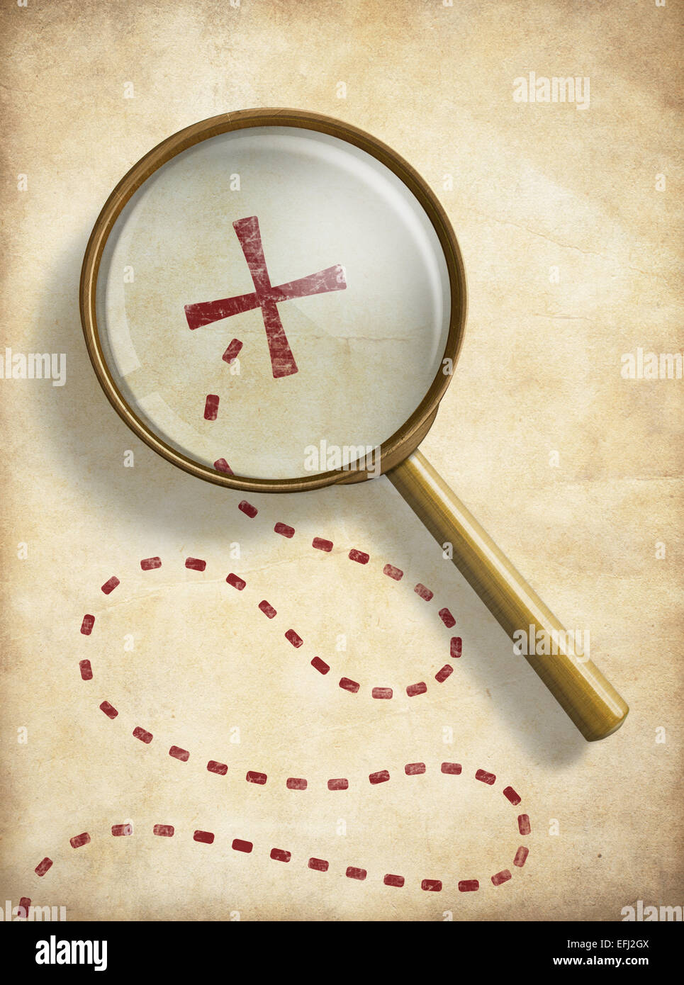 Pirates treasure old map with marked location and loupe. Searching concept. Stock Photo