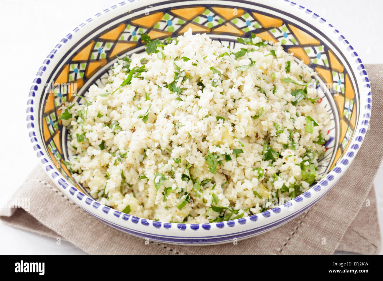 cauliflower prepared as couscous  with chopped parsley, za'atar,  and preserved lemons Stock Photo