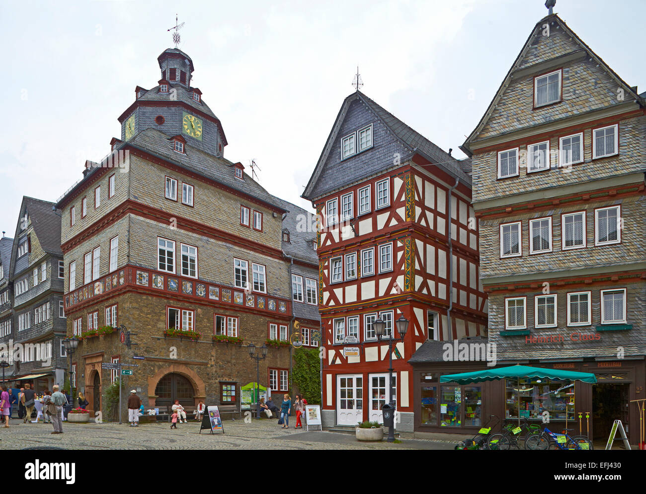Town hall and half-timbered houses on the market square, Herborn, Westerwald, Hesse, Germany, Europe Stock Photo