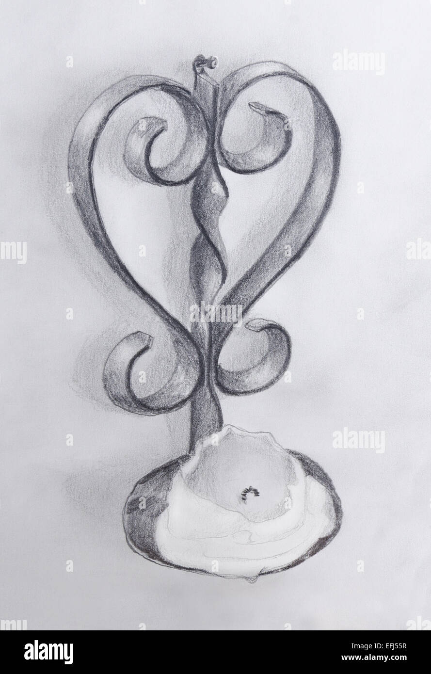 Pencil drawing of an old wrought iron candle holder that is mounted on the wall - grayscale on cartridge paper. Stock Photo