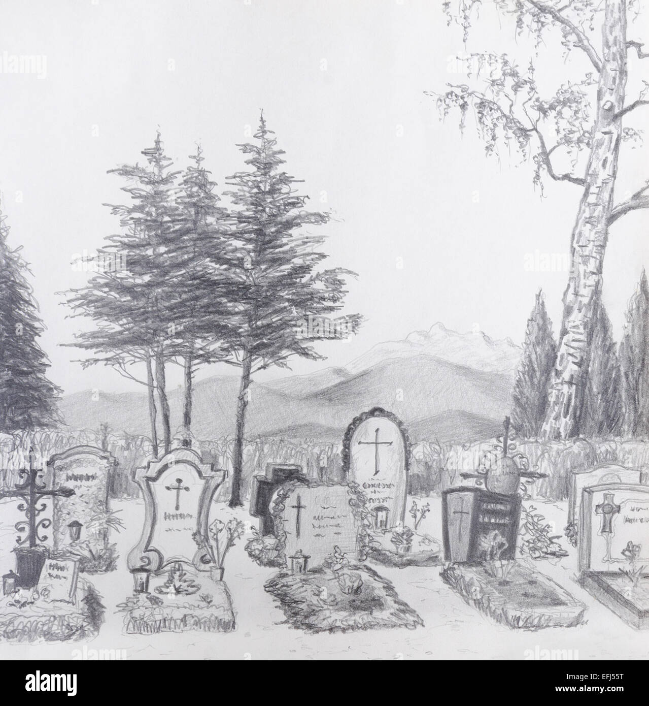 Cemetery Pencil Drawing Stock Photo  Adobe Stock