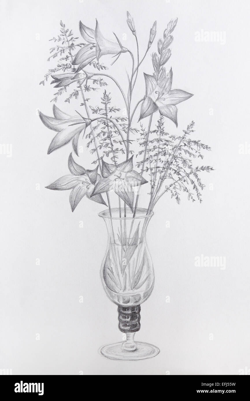 Pencil drawing of flowers in a glass vase - grayscale on cartridge ...