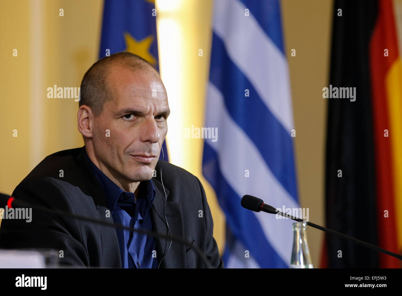 Berlin, Germany. 05th Feb, 2015. Wolfgang Schäuble (CDU), German Minister of Finance, and Yanis Varoufakis, Greek Minister of Finance during press conference after bilateral meeting realized at the German Ministery of Finance  on February 05, 2015 in Berlin, Germany. / Picture: Yanis Varoufakis, Greek Minister of Finance during press conference aside  German Finance Minister Schäuble. © Reynaldo Chaib Paganelli/Alamy Live News Credit:  Reynaldo Chaib Paganelli/Alamy Live News Stock Photo