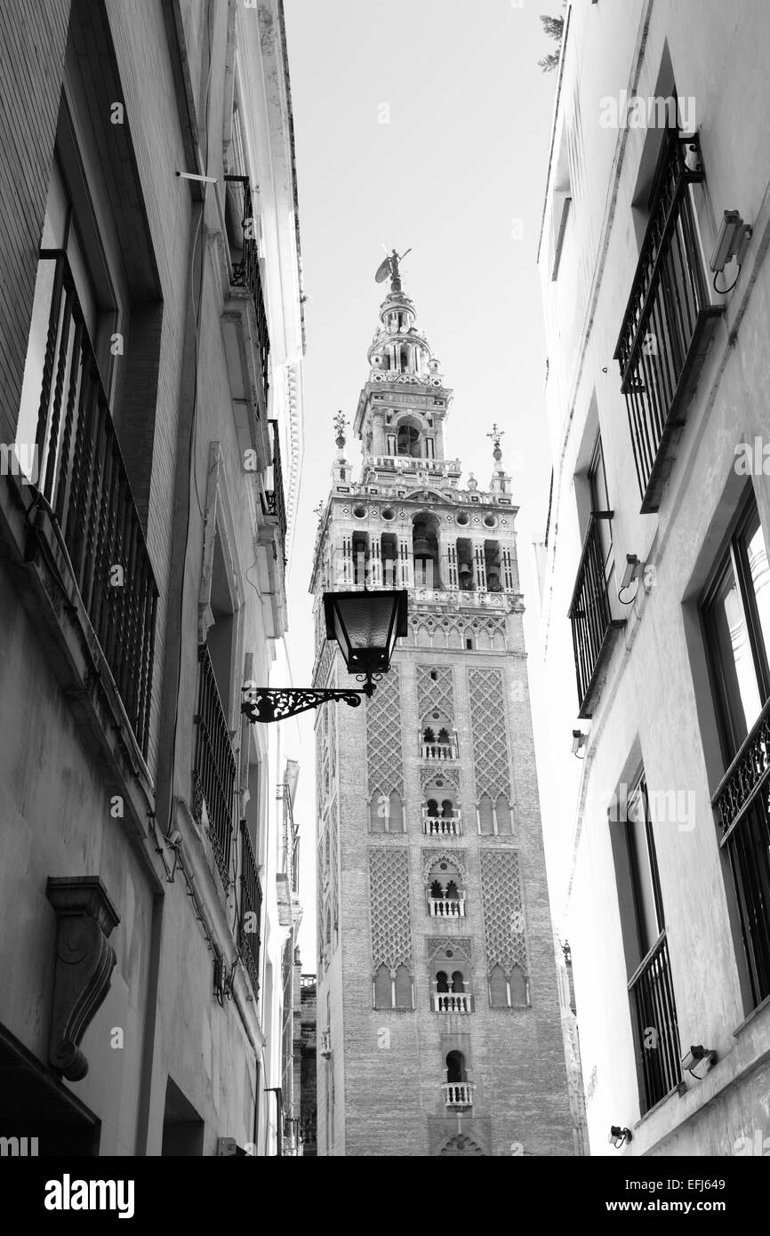 Old street and Giralda bell tower, Seville Stock Photo