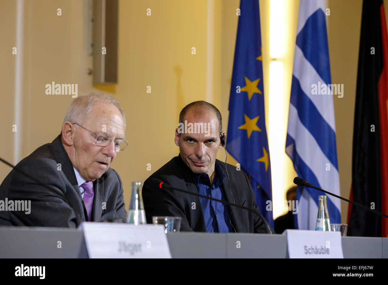 Berlin, Germany. 05th Feb, 2015. Wolfgang Schäuble (CDU), German Minister of Finance, and Yanis Varoufakis, Greek Minister of Finance during press conference after bilateral meeting realized at the German Ministery of Finance  on February 05, 2015 in Berlin, Germany. / Picture: Wolfgang Schäuble (CDU), German Minister of Finance, and Yanis Varoufakis, Greek Minister of Finance during joint press conference in Berlin. © Reynaldo Chaib Paganelli/Alamy Live News Credit:  Reynaldo Chaib Paganelli/Alamy Live News Stock Photo