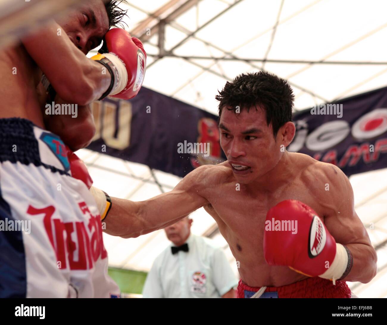 Nakhon Sawan, Thailand. 05th Feb, 2015. Thailand's Wanheng Menayothin (right) successfully defends his WBC strawweight title against challenger Jeffery Galero of the Philippines, winning by unanimous decision in Nakhon Sawan, Thailand, 5 Feb 2015. Credit:  Arthur Jones Dionio/Alamy Live News Stock Photo