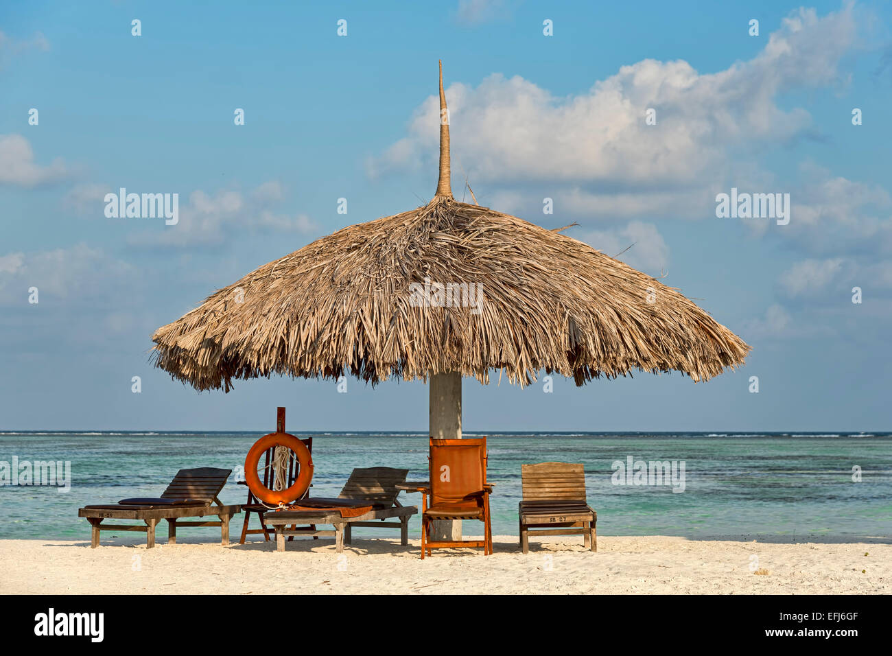 Parasol, sunbeds and a lifebuoy on the beach, Paradise Island, Maldives Stock Photo
