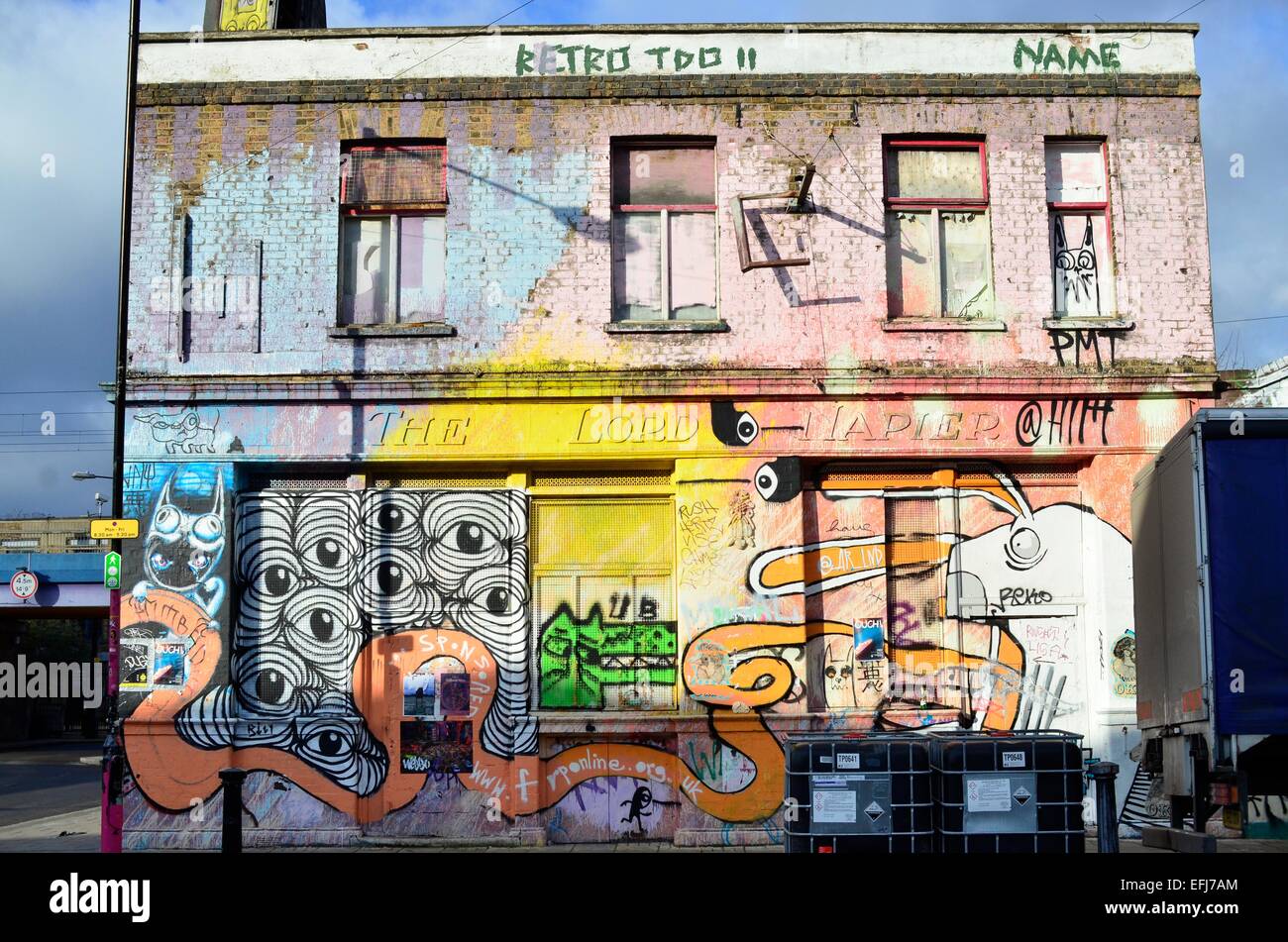 Closed Down Lord Napier pub covered in graffiti and street art in Hackney Wick, East London, England, Uk Stock Photo