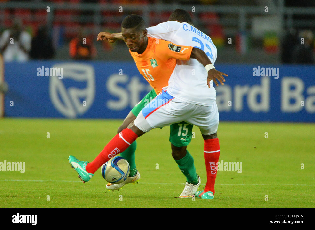 Bata, Equatorial Guinea. 4th Feb, 2015. Equitorial Guinea, African Cup of Nations football tournament semi-fnal match. RD Congo versus Ivory Coast.   Max Gradel  (Ivory Coast ) - Chancel Mbemba ( RD Congo ) Ivory Coast won the semi-final tie by a score of 3-1 to go through to the final. Credit:  Action Plus Sports Images/Alamy Live News Stock Photo