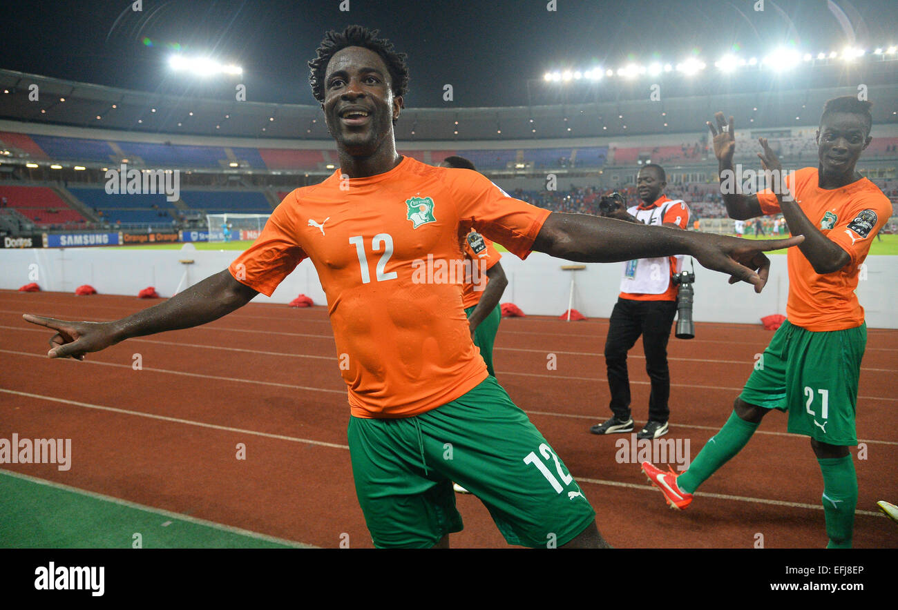 Bata, Equatorial Guinea. 4th Feb, 2015. Equitorial Guinea, African Cup of  Nations football tournament semi-fnal match. RD Congo versus Ivory Coast.  Celebrations from Wilfried Bony - Eric Bailly Ivory Coast Ivory Coast