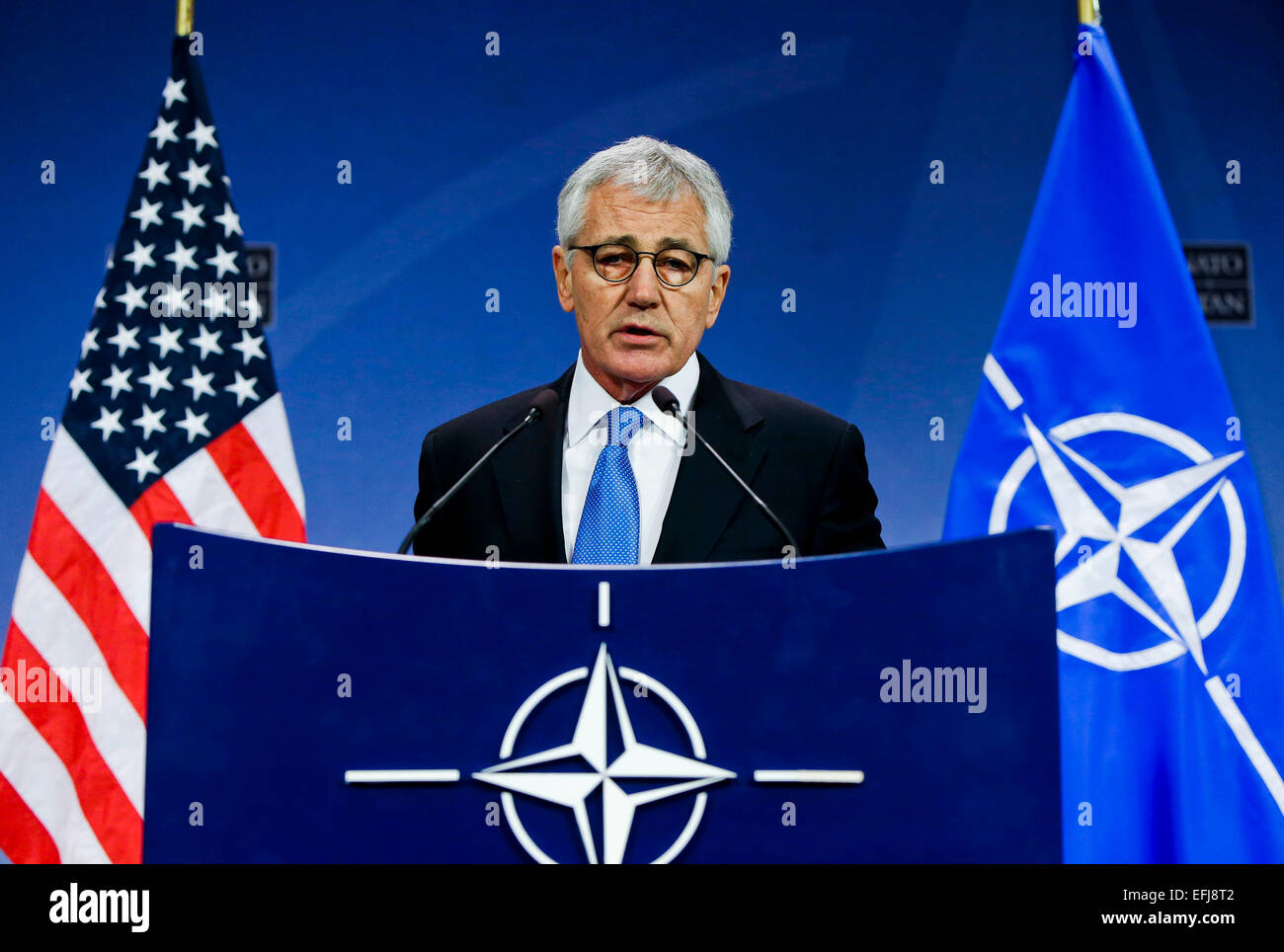 (150205) -- BRUSSELS, Feb. 5, 2015 (xinhua) -- US Defense Secretary Chuck Hagel speaks during a press conference at the NATO headquarters in Brussels, capital of Belgium, Feb. 5, 2014. NATO Defense Ministers gathered here on Thursday to discuss the implementation of the Readiness Action Plan and the Ukraine crisis. (Xinhua/Zhou Lei) Stock Photo