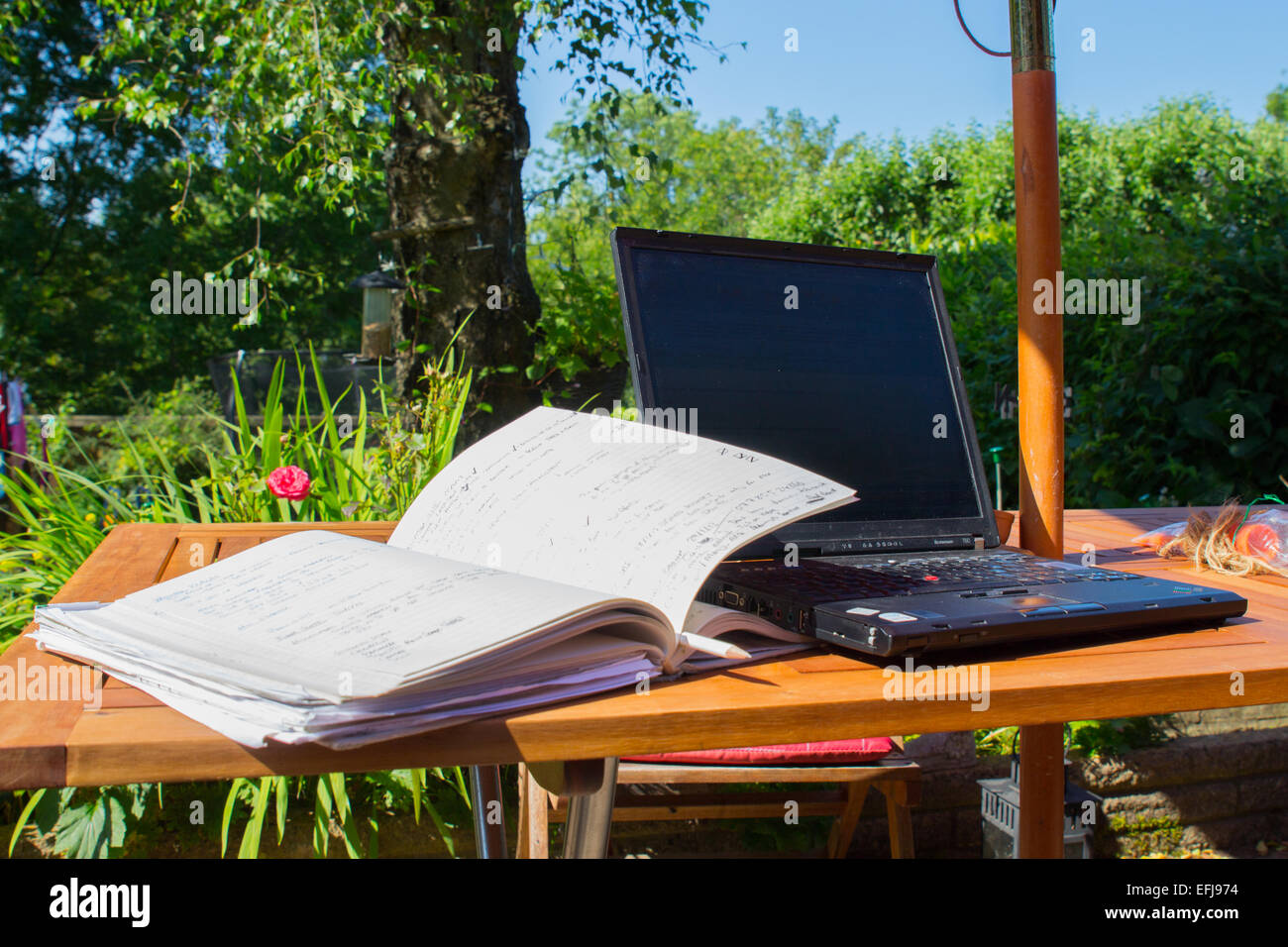 Image of laptop set up in garden Stock Photo Alamy
