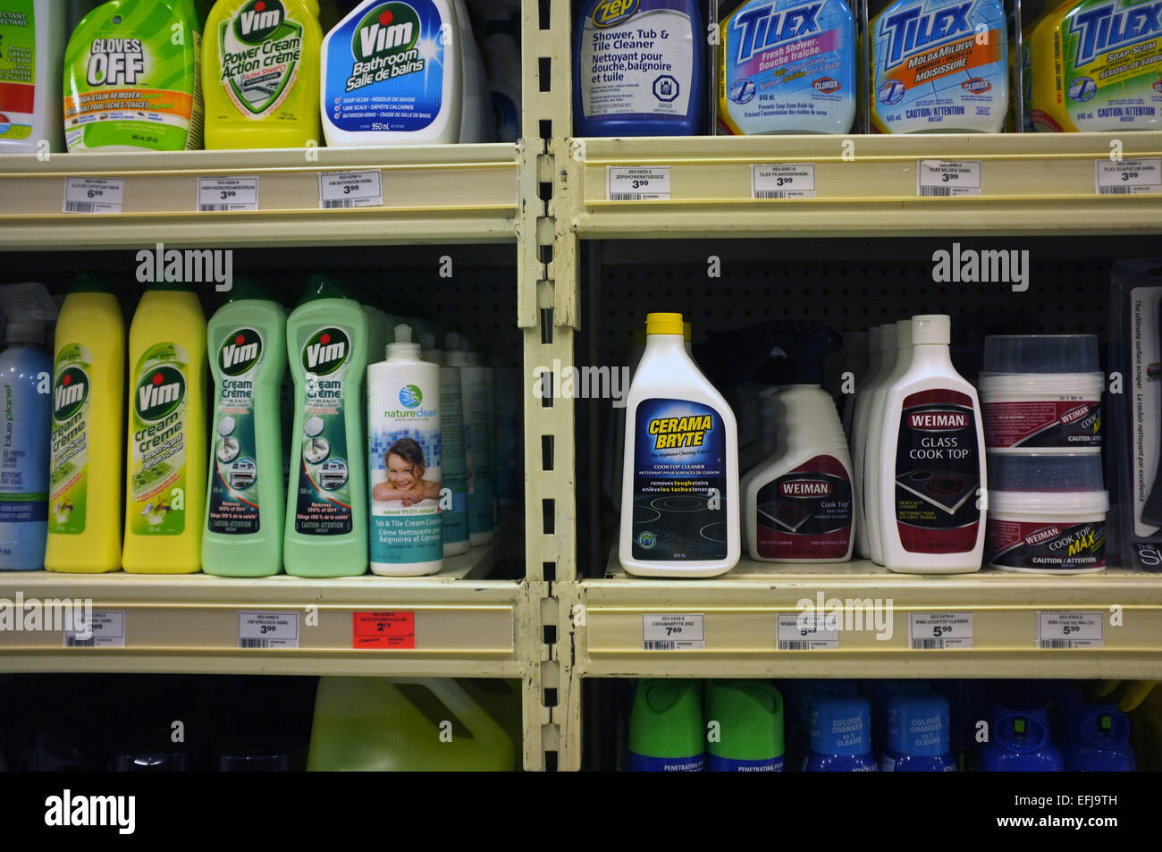 Shelfs of cleaning products in a Canadian thrift store. Stock Photo