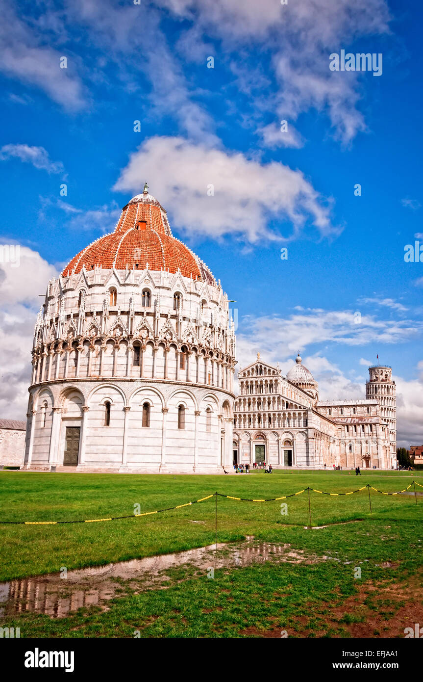 Pisa, Italy: Baptistery, Cathedral, and Leaning Tower in the background Stock Photo