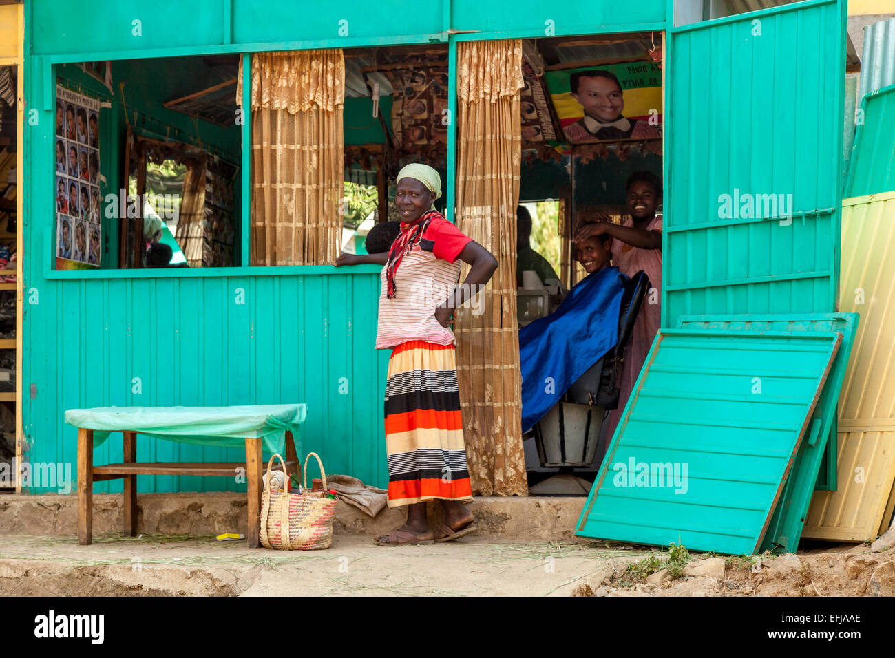 Colourful Barbers Shop, Jinka, Omo Valley, Ethiopia Stock Photo