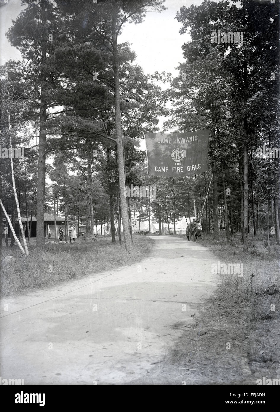 Antique c1925 photograph, Kiwanis Club for Camp Fire Girls campground. Location is possibly the The Kiwanis Club of Boston, Camp for Camp Fire Girls in Hanson, Massachusetts, USA on Maquan Pond. Stock Photo