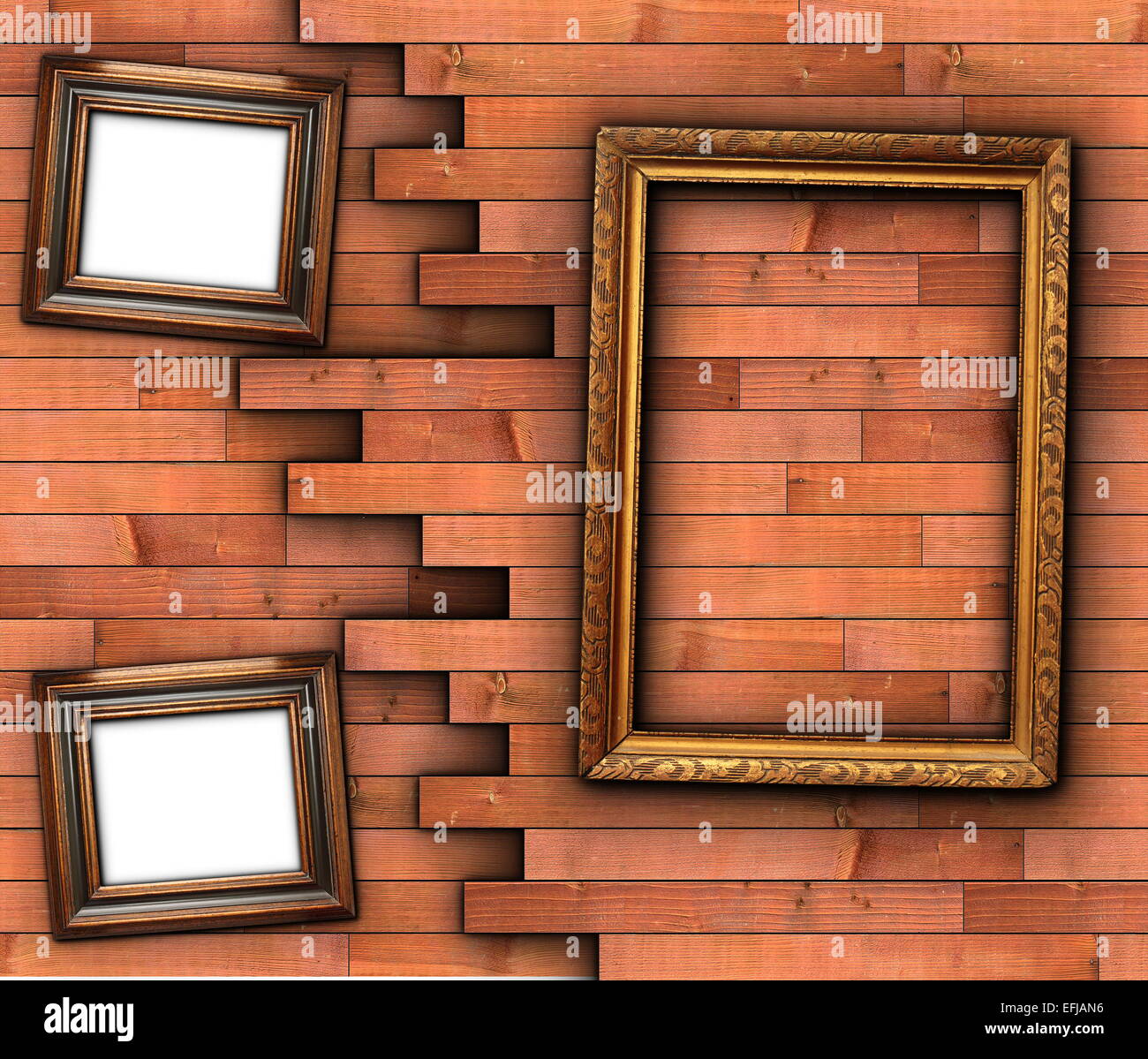 frames on wooden wall  backdrop with place for your message Stock Photo