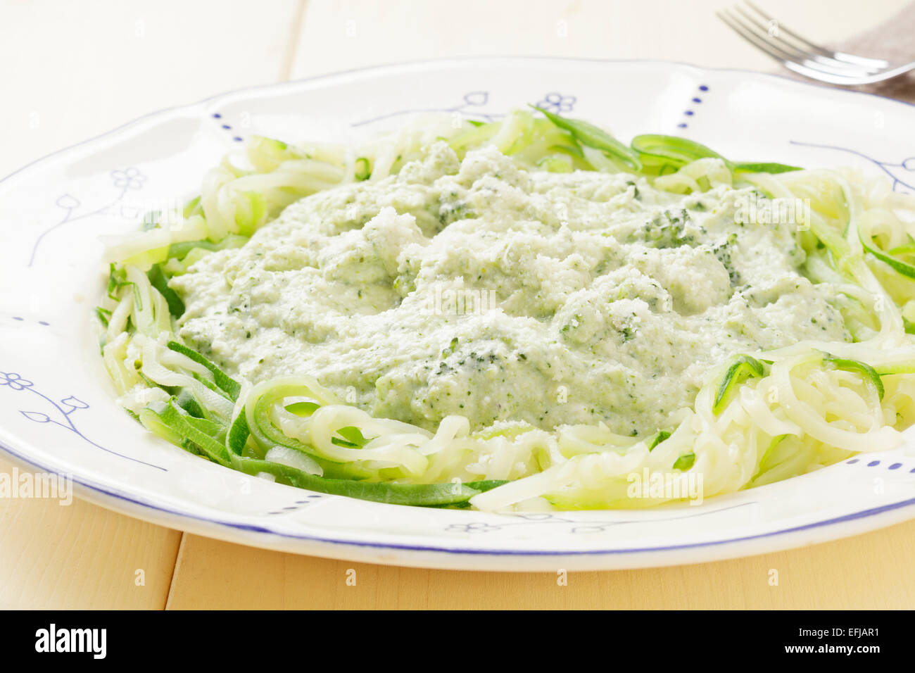 Courgetti or zoodles with a broccoli sauce Stock Photo