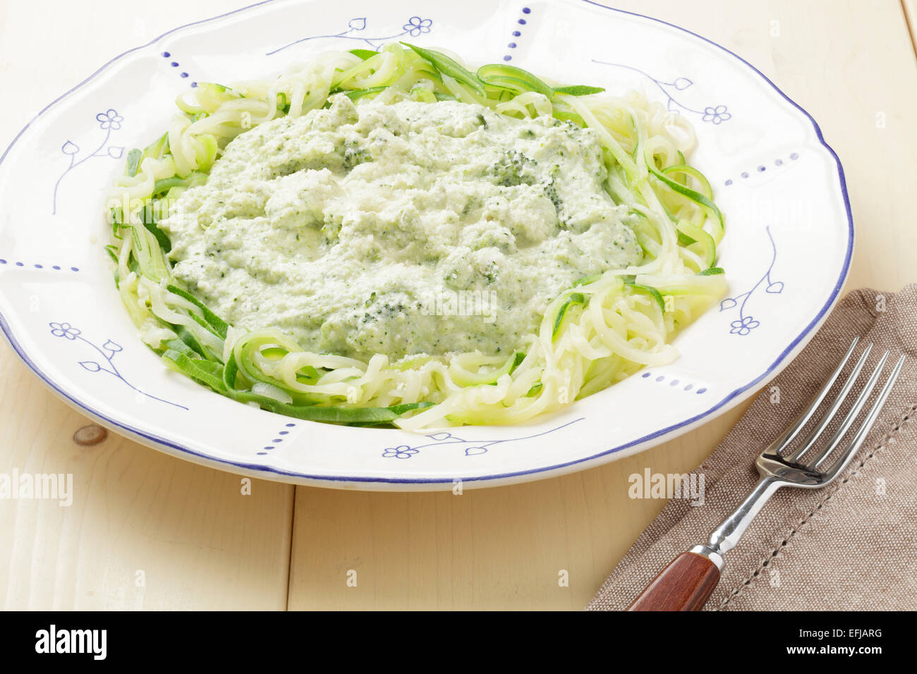 Courgetti or zoodles with a broccoli sauce Stock Photo