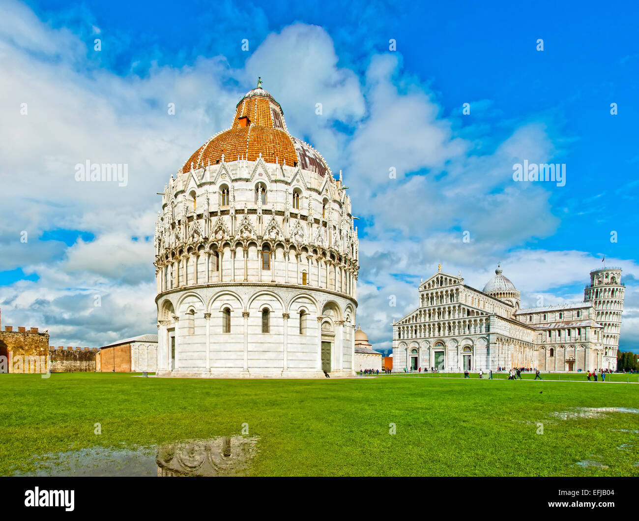 Pisa, Italy: Baptistery, Cathedral, and Leaning Tower in the background Stock Photo