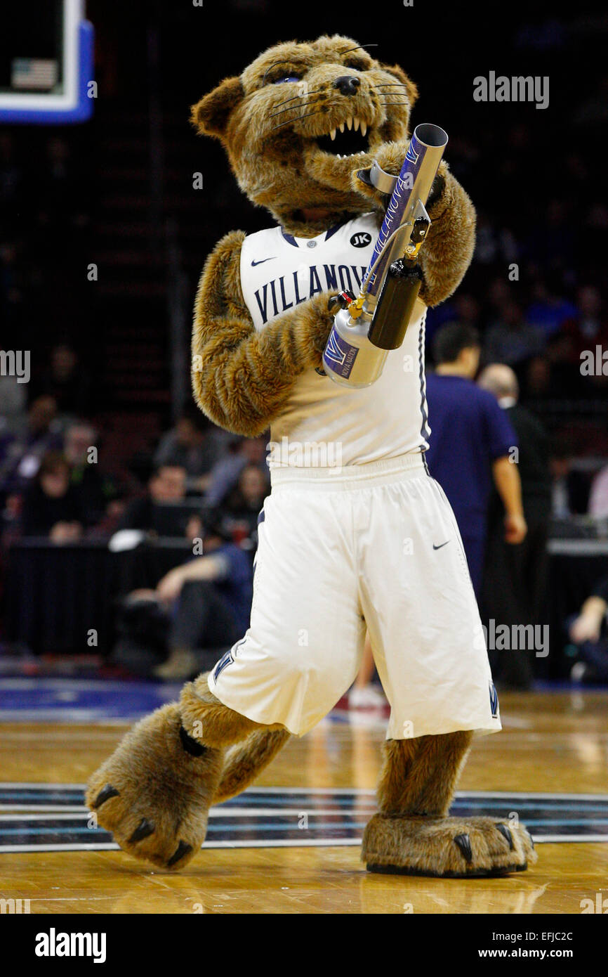 February 4, 2015: Villanova Wildcats mascot Will D. Cat with a t-shirt  canon during the NCAA basketball game between the Marquette Golden Eagles  and the Villanova Wildcats at the Wells Fargo Center