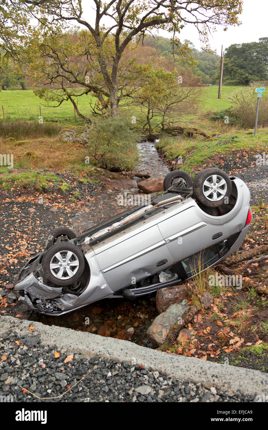 Road accident, car in a ditch after losing control. Stock Photo