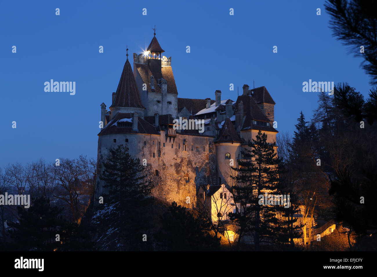 Bran Castle in Transylvania, Romania, famous residence of Vlad the Impaler (Vlad Tepes), also known as Dracula. Blue hour shot. Stock Photo