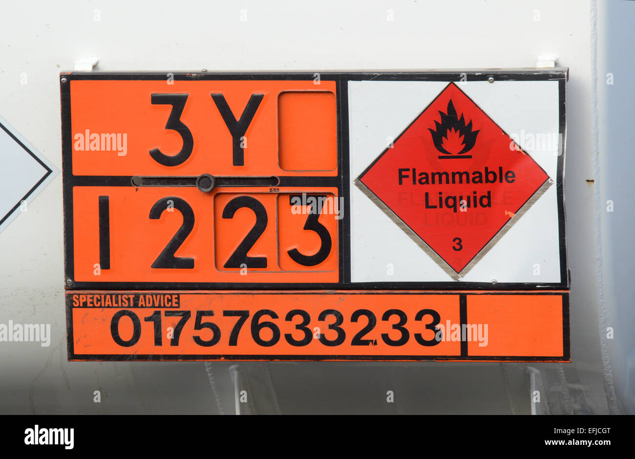 load identification plate on heavy goods vehicle denoting transportation of flammable liquid uk Stock Photo