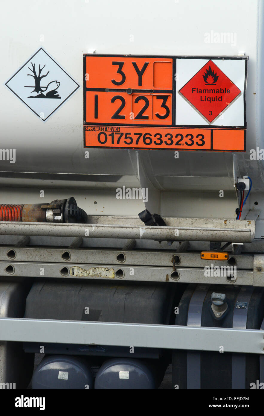 load identification plate on heavy goods vehicle denoting transportation of flammable liquid uk Stock Photo