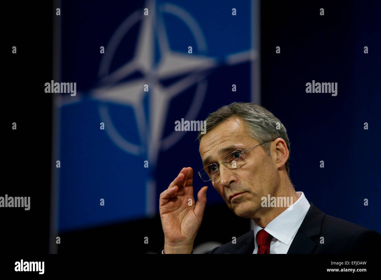 Brussels, Belgium. 5th February, 2015. NATO Secretary General Jens Stoltenberg gestures during the press conference after the NATO defense ministers meeting at the Alliance headquarters in Brussels. NATO Defense Ministers gathered here on Thursday to discuss the implementation of the Readiness Action Plan and the Ukraine crisis. Credit:  Xinhua/Alamy Live News Stock Photo
