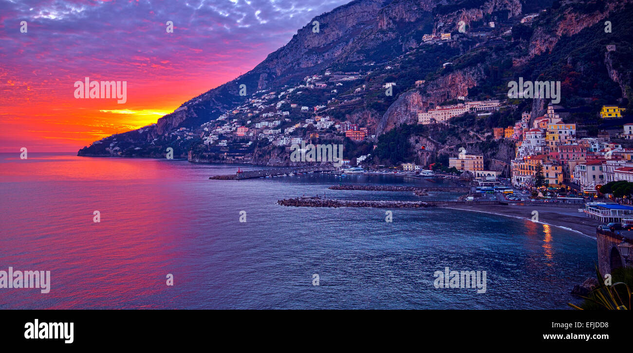 Travel in Italy ,view of beautiful Amalfi town, in the Costiera Amalfitana, Sorrento gulf. Campanira, Italy. Stock Photo
