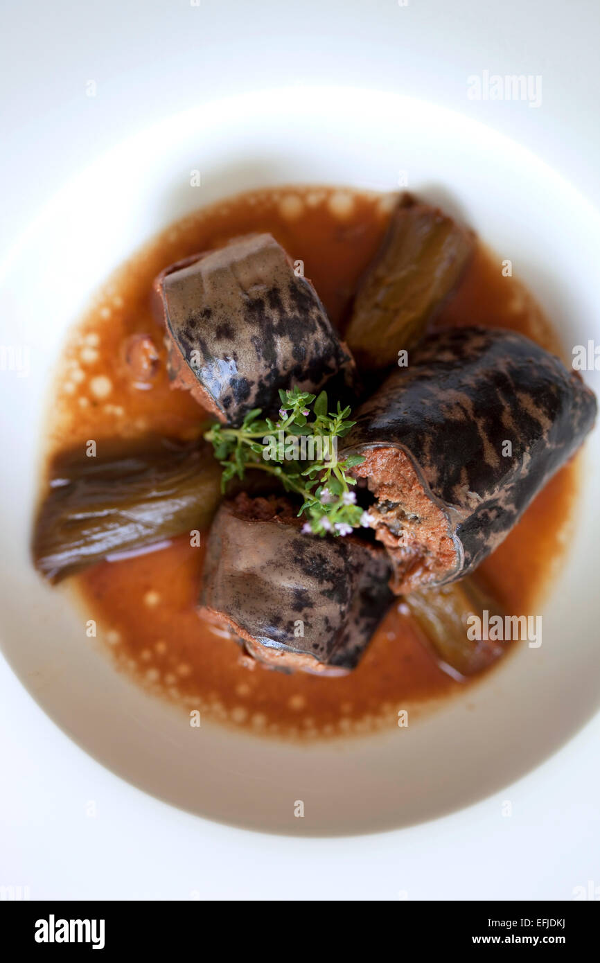 Dish of lamprey, leeks and red wine Stock Photo
