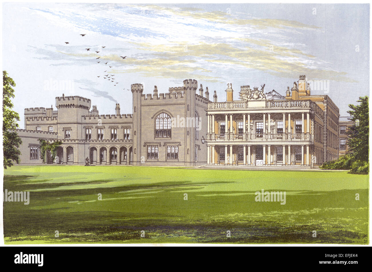 A coloured illustration of Knowsley Hall, Liverpool, Merseyside UK scanned at high resolution from a book printed in 1870. Stock Photo