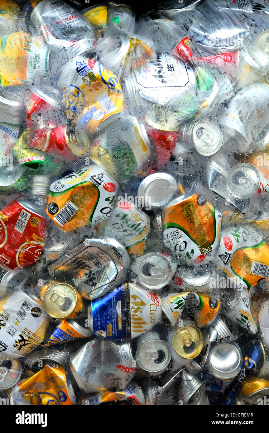 Crushed and baled aluminium cans for recycling Tokyo Japan Stock Photo
