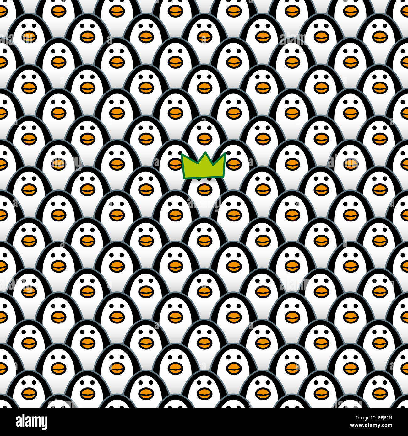 A single Penguin wearing a Green Party Hat amongst Rows of identically repeating and forward Staring Penguins Stock Photo