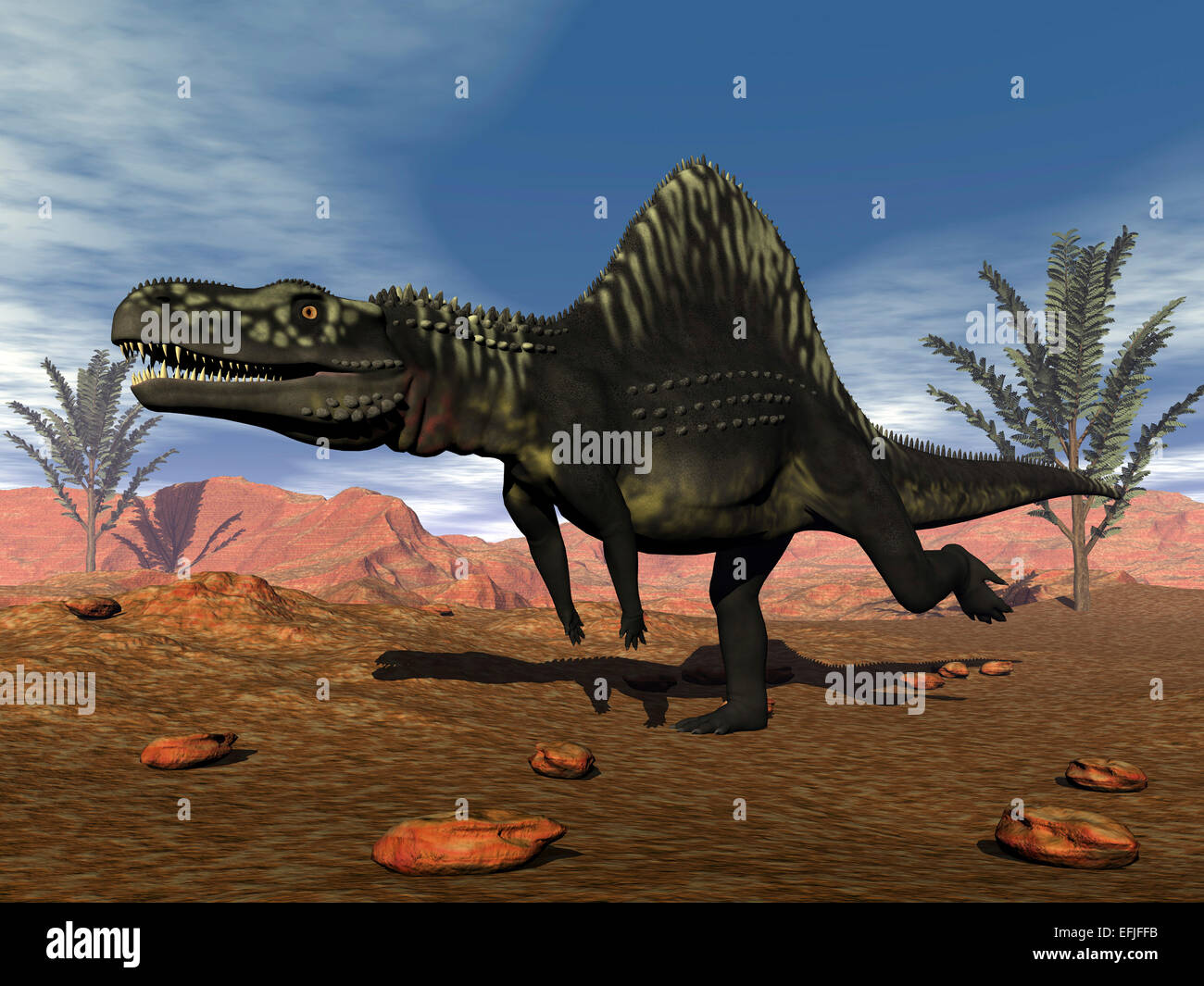 Arizonasaurus dinosaur in the desert with pachypteris trees. Stock Photo