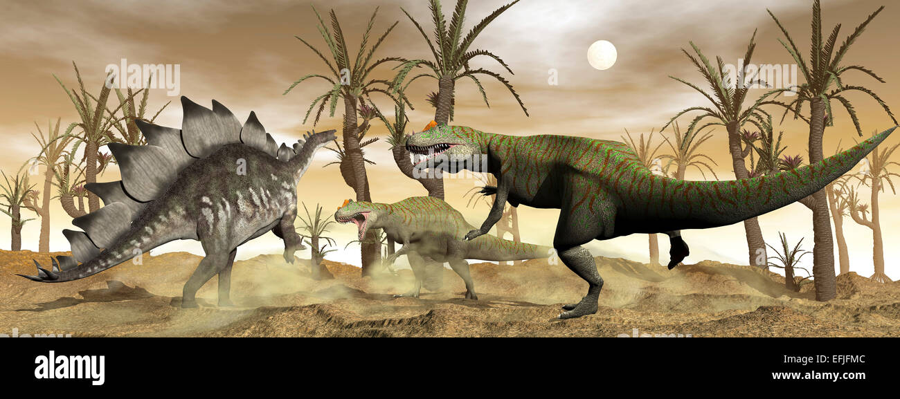 Two Allosaurus dinosaurs attack a lone Stegosaurus in the desert Stock  Photo - Alamy