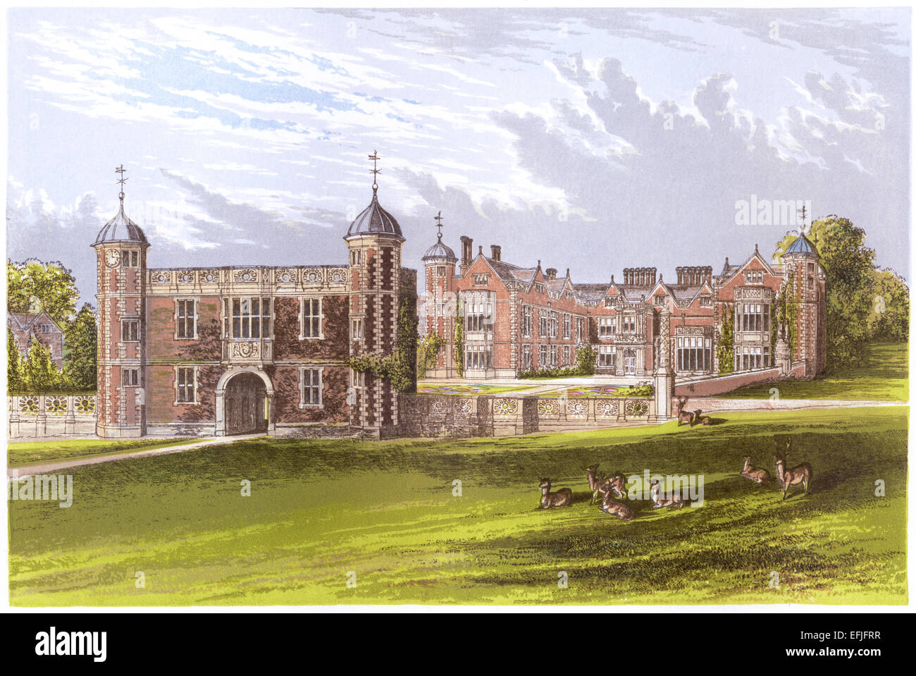A coloured illustration of Charlecote Park, Warwickshire scanned at high resolution from a book printed in 1870. Stock Photo