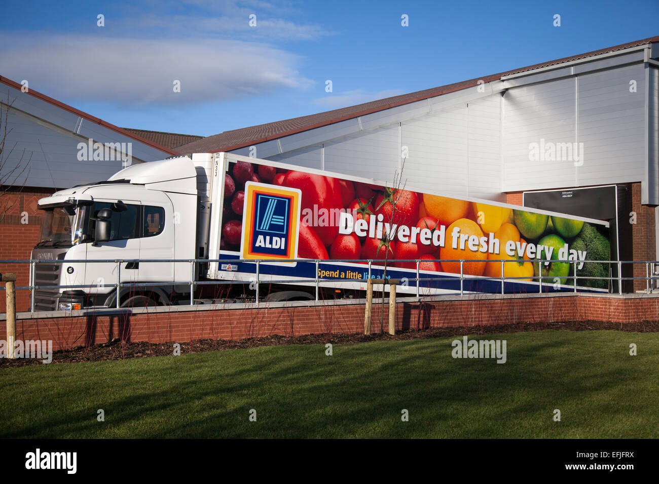Aldi Superstore food truck, HGV heavy lorry pantechnicon truck, shipping, commerce, market, food delivering to discount supermarket, Southport, UK Stock Photo