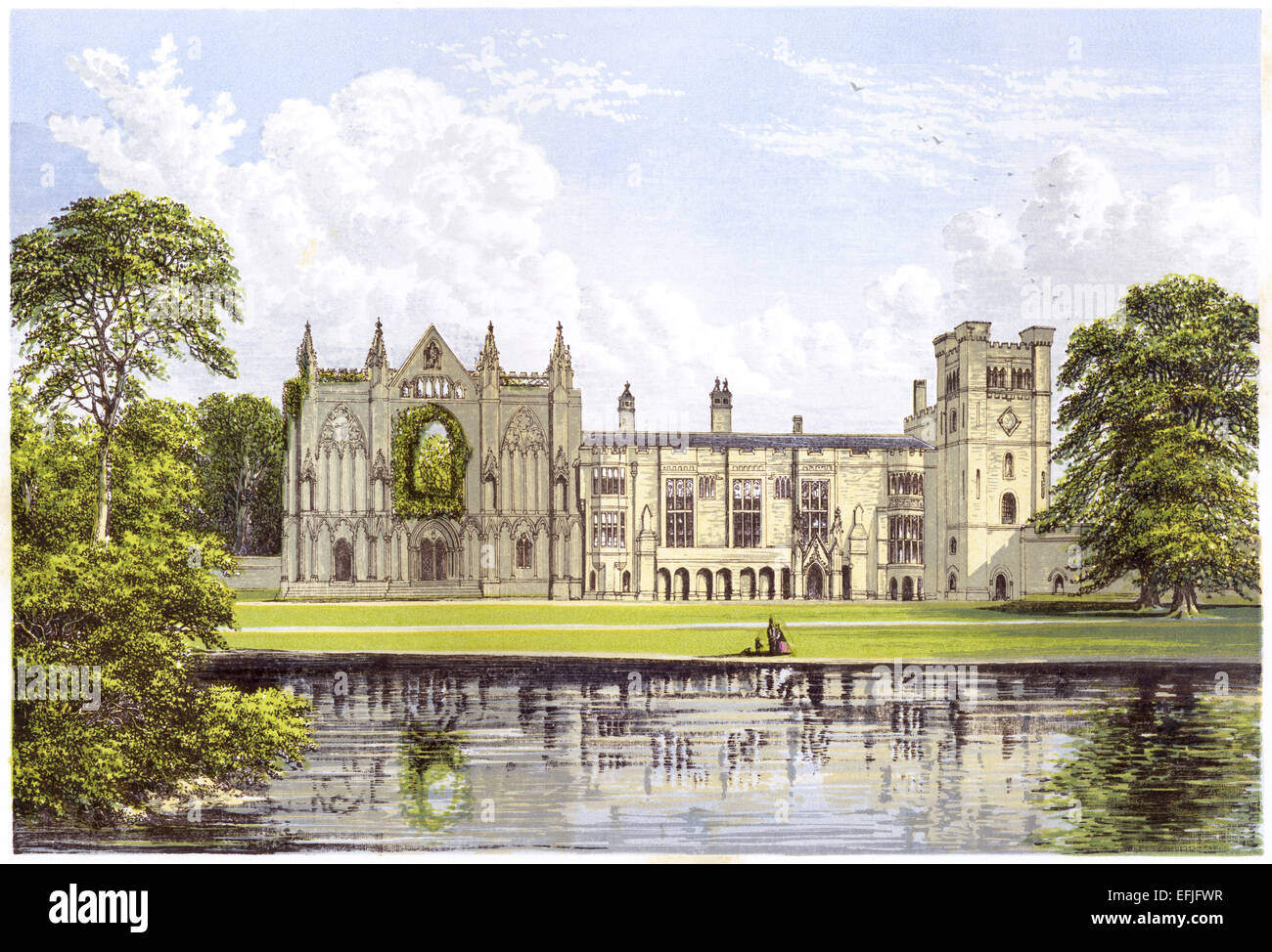 A coloured illustration of Newstead Abbey, Nottingham scanned at high resolution from a book printed in 1870. Stock Photo