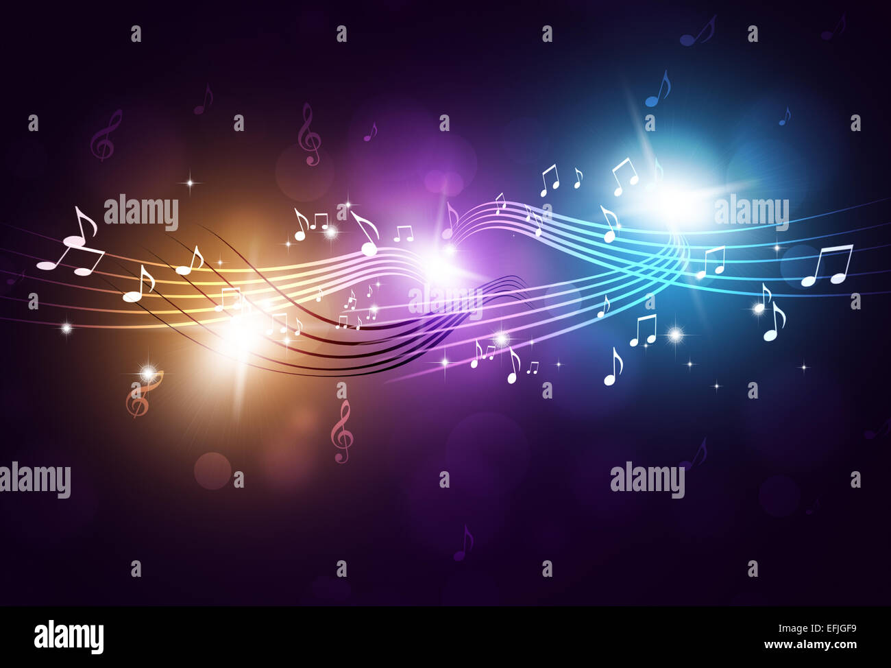 music notes and blurry lights on bright multicolor background Stock Photo