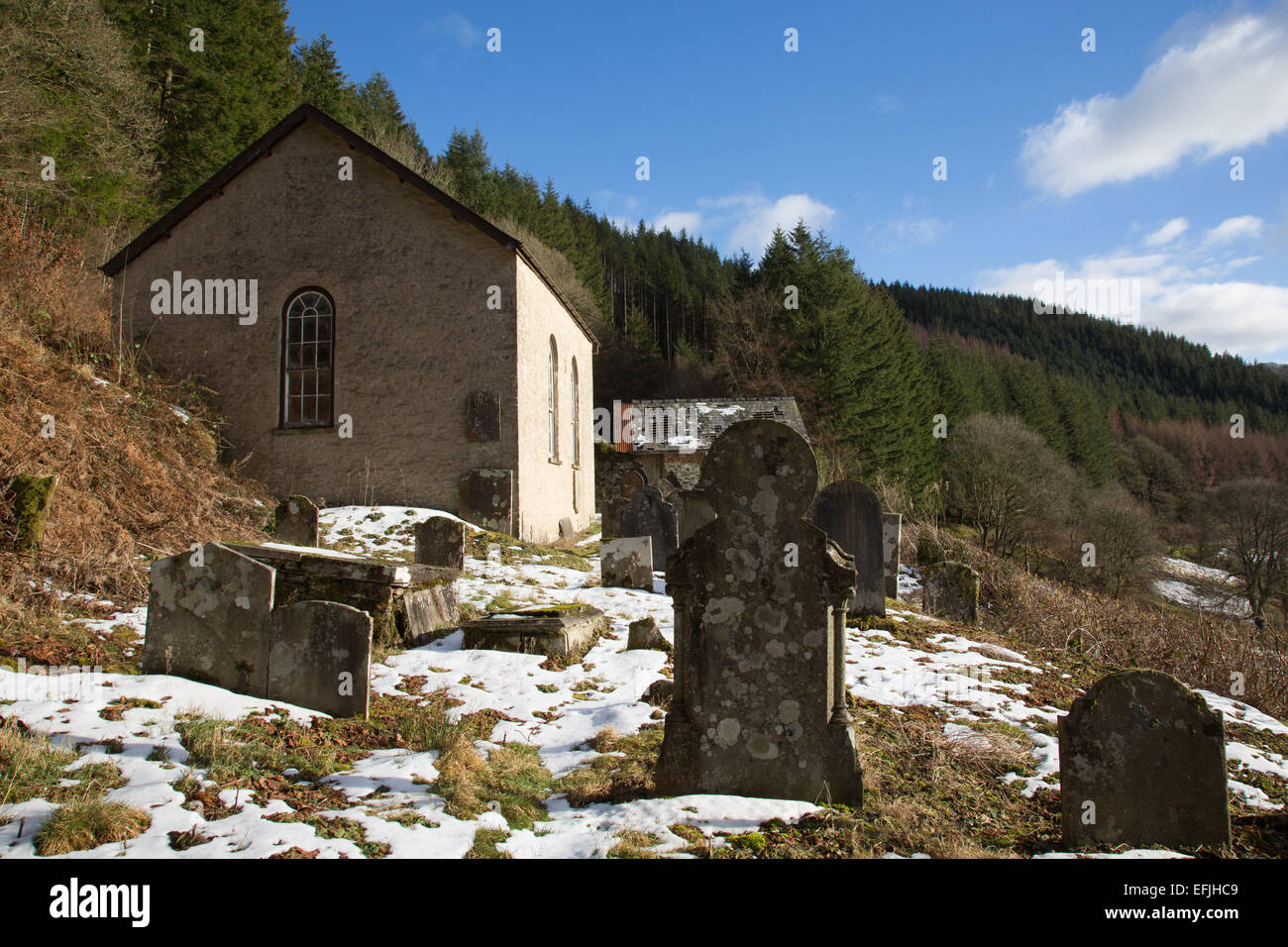 Pantycelyn Baptist chapel and cemetery in the snow on remote hills of Abergwesyn Common, mid Wales. Stock Photo
